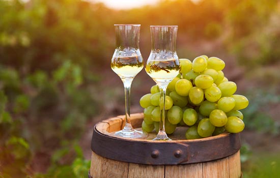 Two glasses of liquor or grappa with bunch of grapes against green background of the vineyard  - Copyright: ClipDealer - dasha11